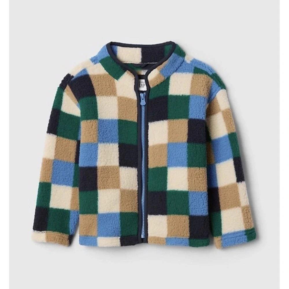Baby Gap Fleece Jacket 3 Years Green Blue Plaid Buffalo Check Zip Cozy Sherpa